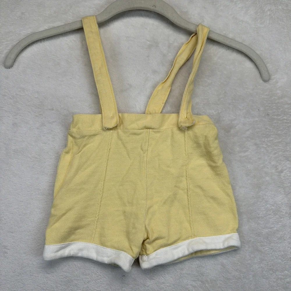 Vintage Baby Yellow Suspender Shortalls Romper White Cuff Snap Crotch Unisex